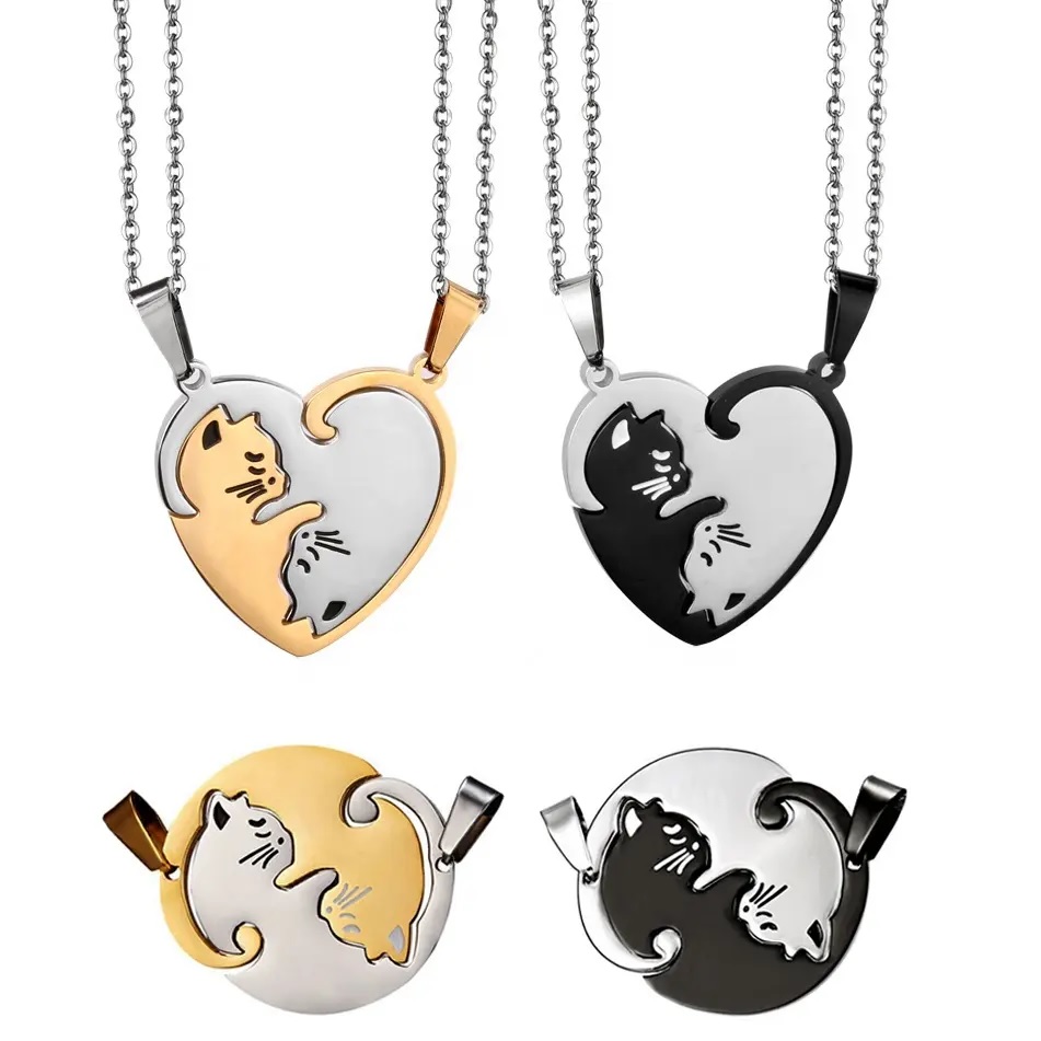 Hanger aan ketting Double Cat - Heart / Zwart