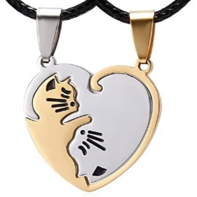 Hanger aan ketting Double Cat - Heart / Zwart
